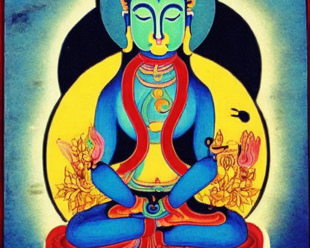 Vibrant illustration of meditating figure in blue with traditional garb