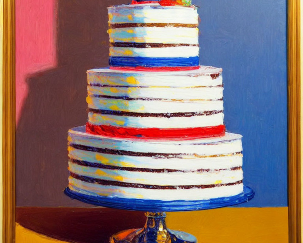 Vibrant multi-tiered cake painting with blue, red, and yellow stripes in golden frame