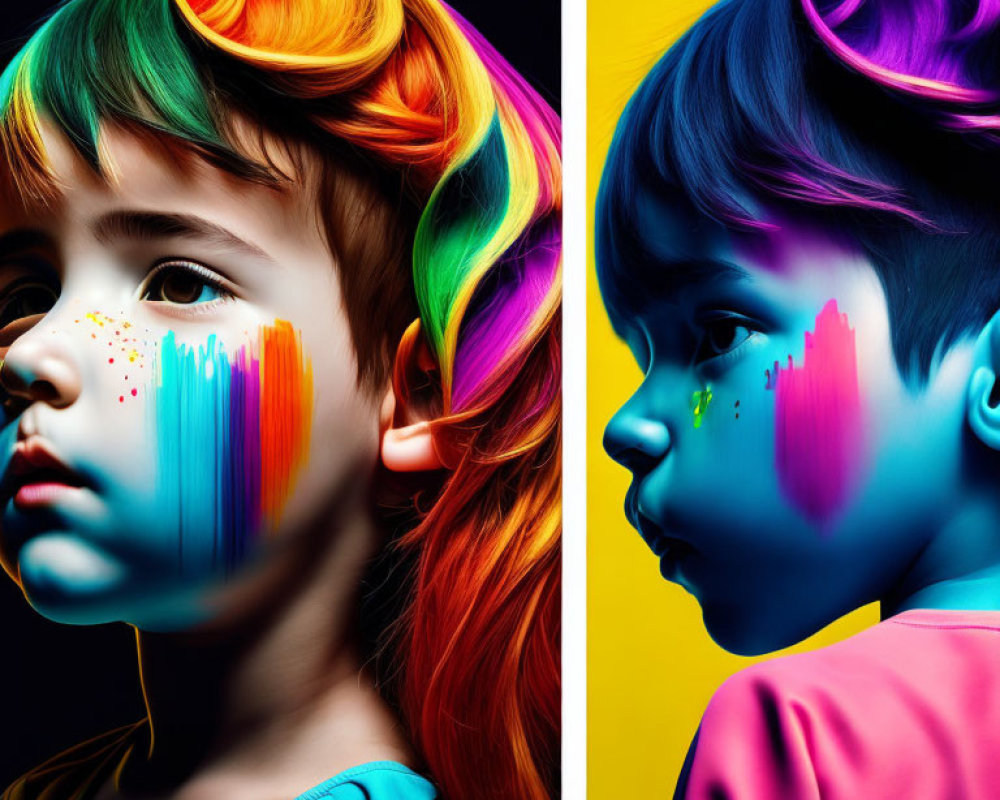 Split-image of child with rainbow hair and paint streaks on face against contrasting backdrop