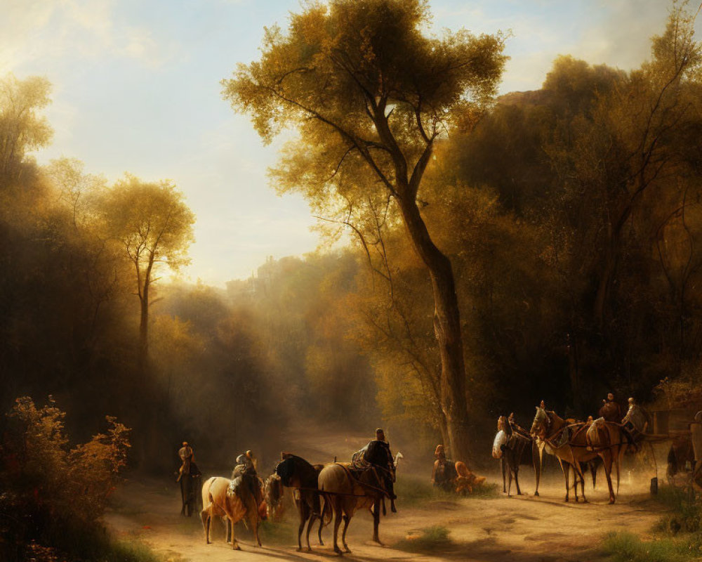 Tranquil horse riders on dusty path through sunlit forest