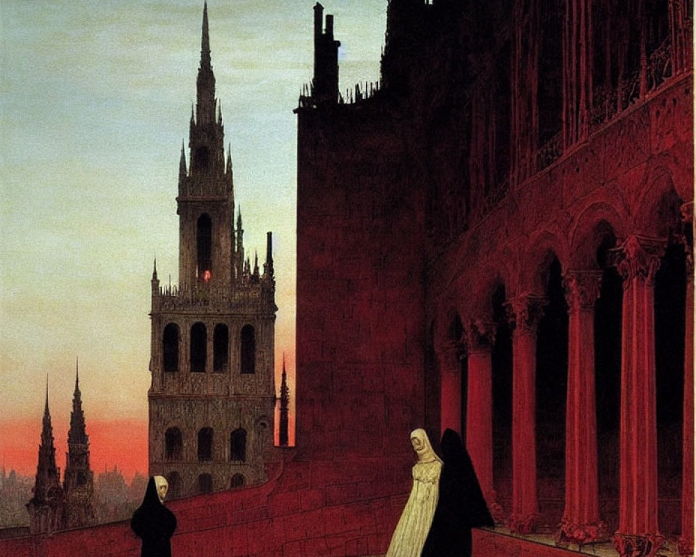 Mysterious figures on gothic balcony with tower in red sky