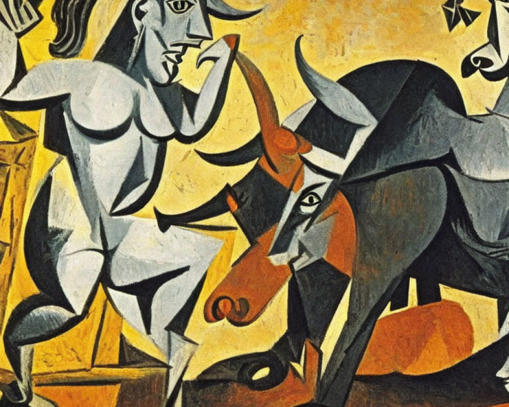 Cubist painting of woman and bull in yellow and black palette