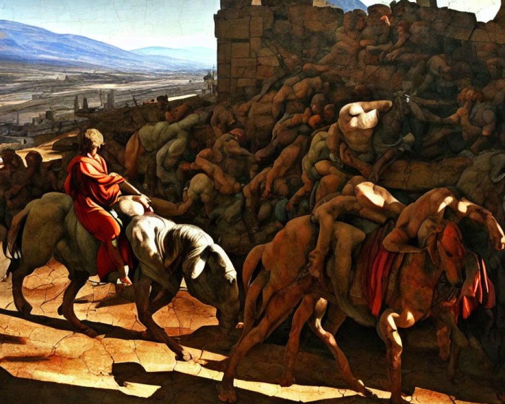 Classical painting: Two riders in chaotic scene with writhing figures