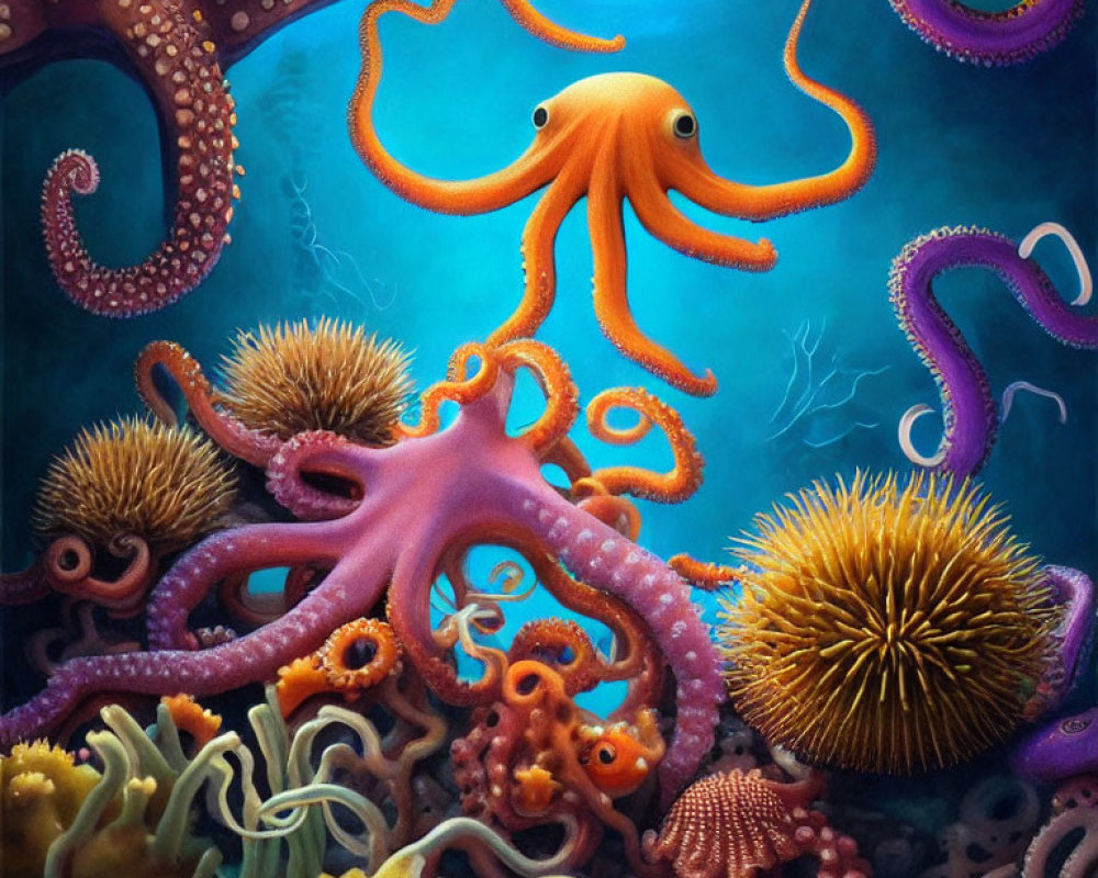 Colorful Underwater Scene with Orange Octopus and Sea Life