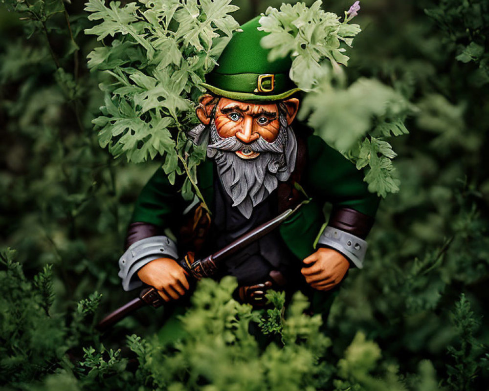 Bearded leprechaun figurine in green attire with shillelagh, surrounded by lush