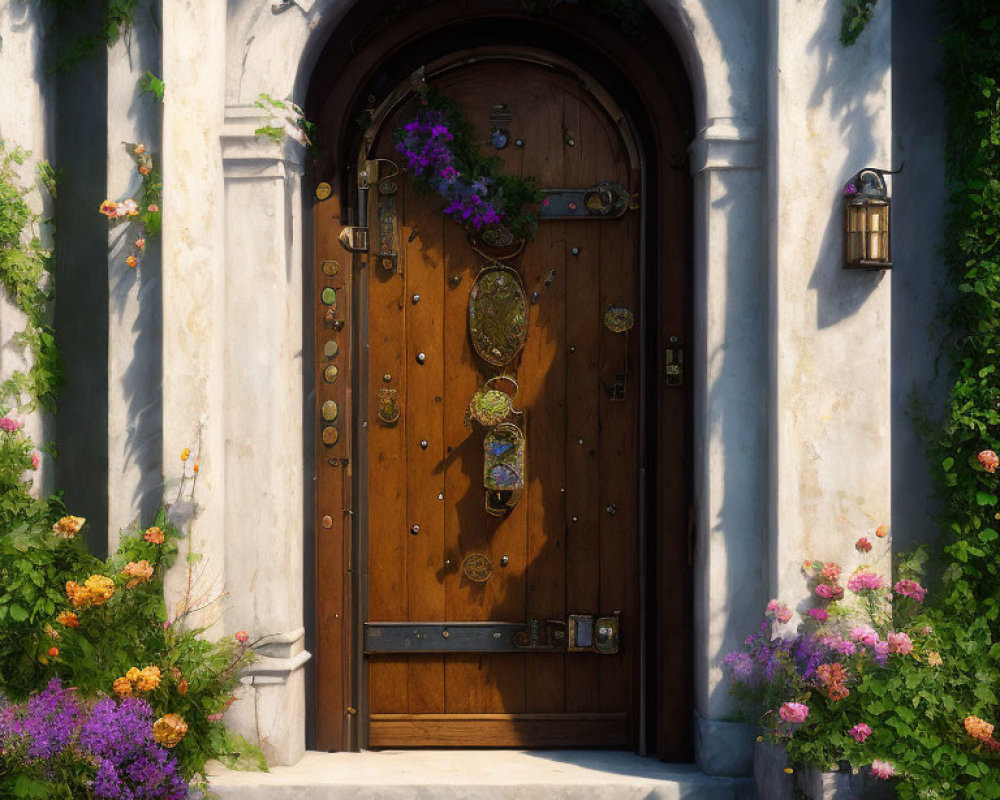 Charming wooden door with wreath, stone walls, greenery, flowers