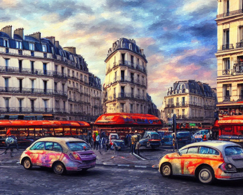 Colorful Paris Street Scene with Cars, Buses, and Pedestrians