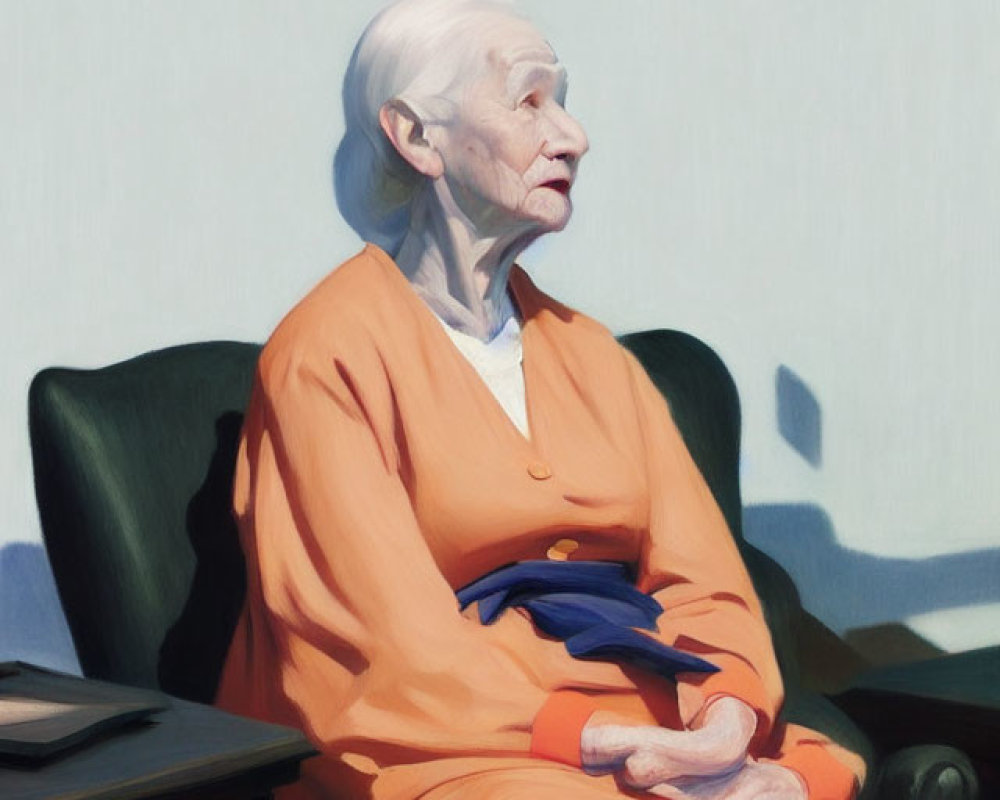 Elderly woman in orange dress sitting in chair with blue cloth, looking thoughtful