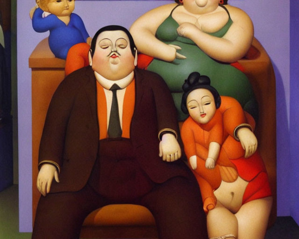 Colorful Cartoonish Painting of Four Plump Figures in Interior Setting