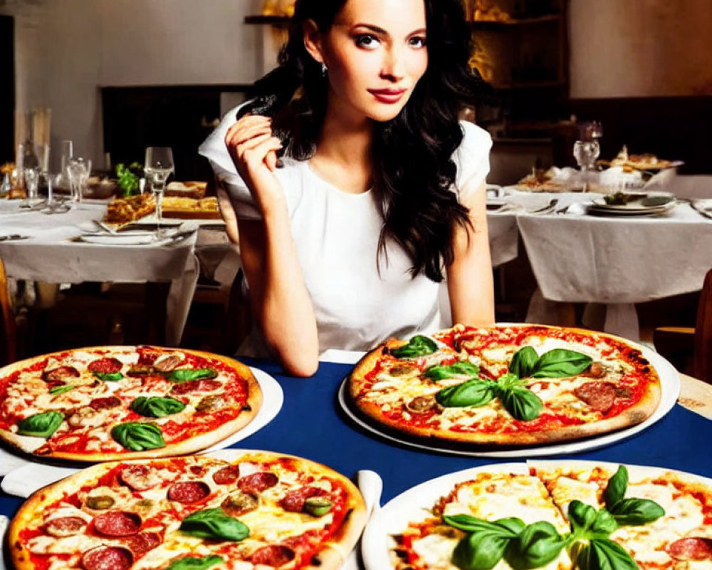 Woman at table with multiple pizzas decorated with basil leaves