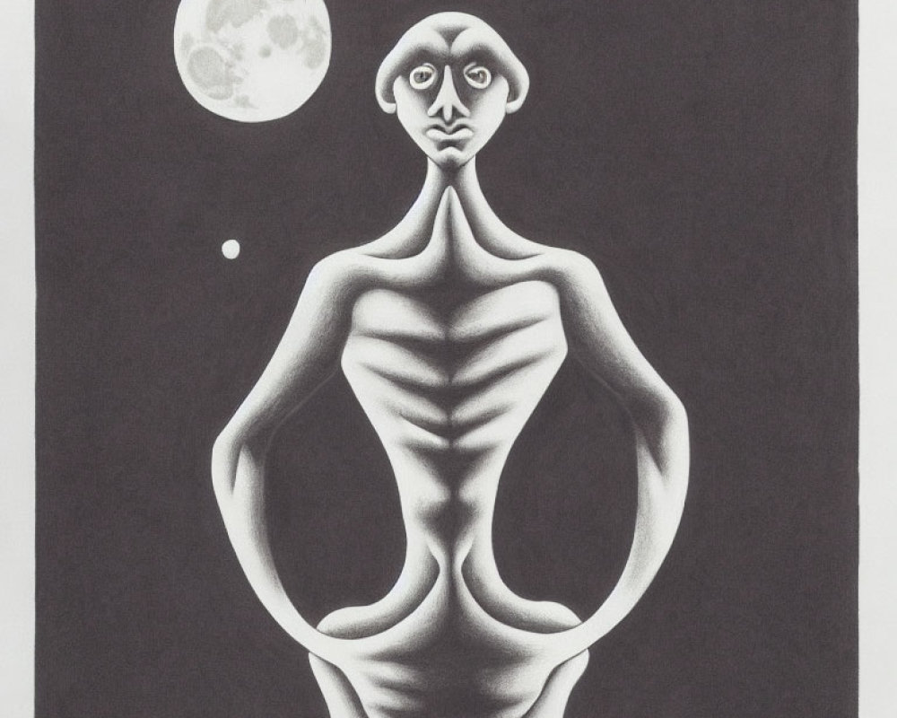 Monochromatic surreal figure with circular moons in contemplative pose