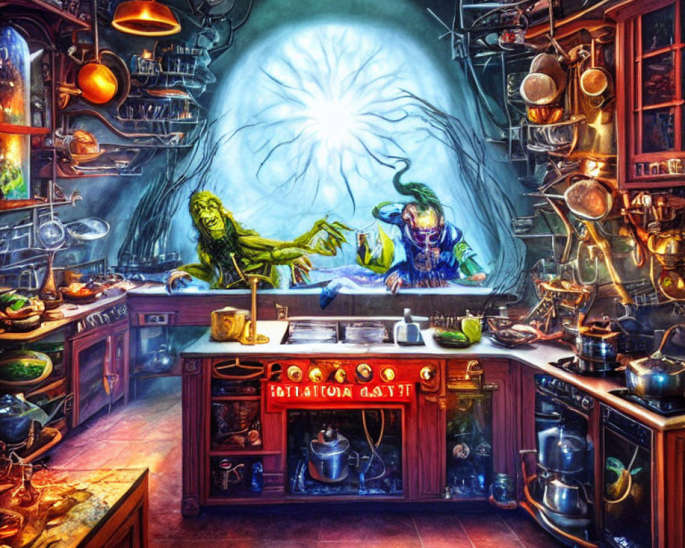 Fantasy laboratory scene with wizards casting spells