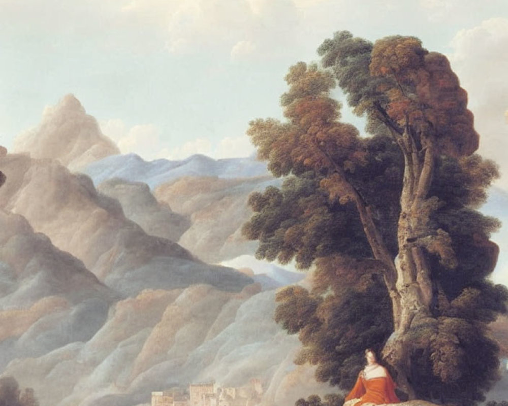 Classical landscape painting with figures by tree, mountains, lake, and castle