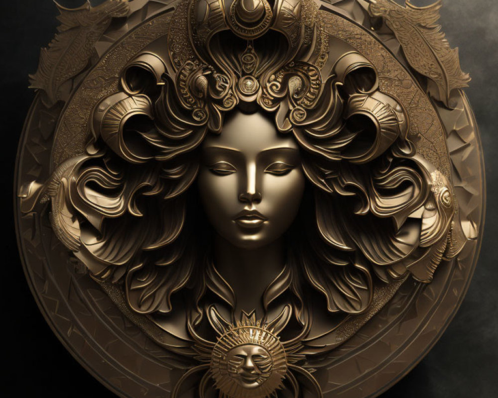 Intricate golden emblem with serene female face and sun motif