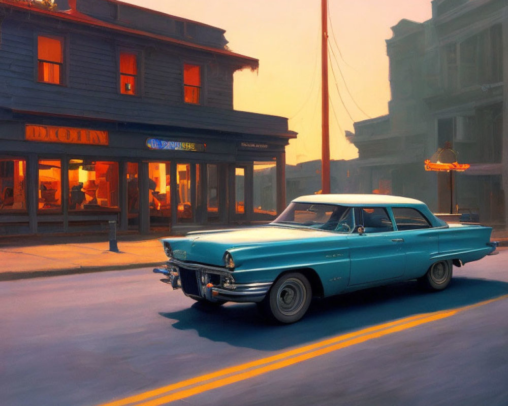 Vintage Blue Car Parked on Quiet Street with Old-Fashioned Buildings and Neon Signs at Twilight