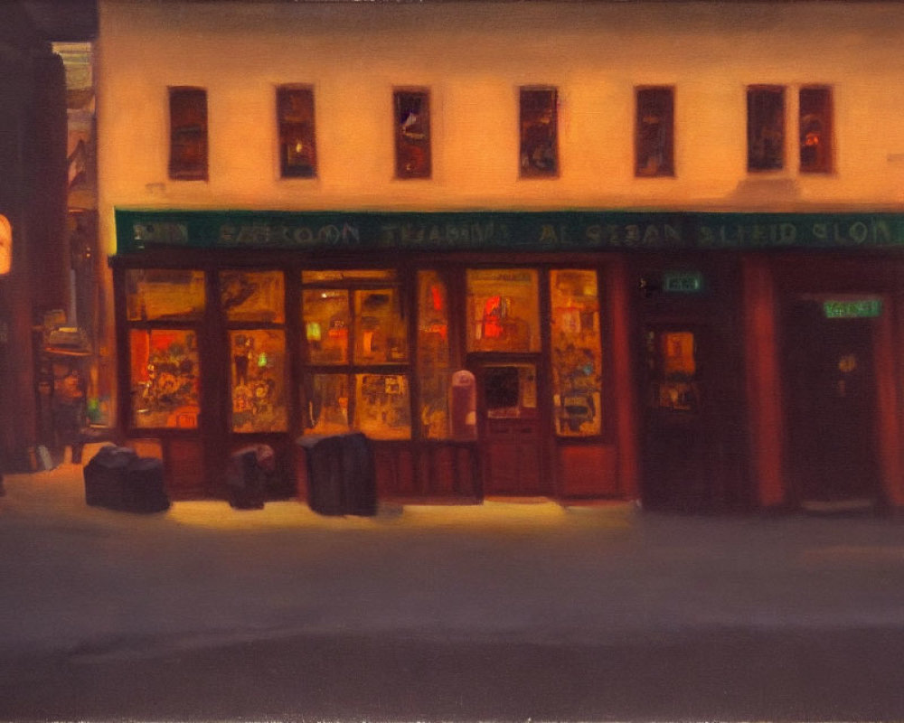 Dimly Lit Street Painting with Warm Saloon Glow