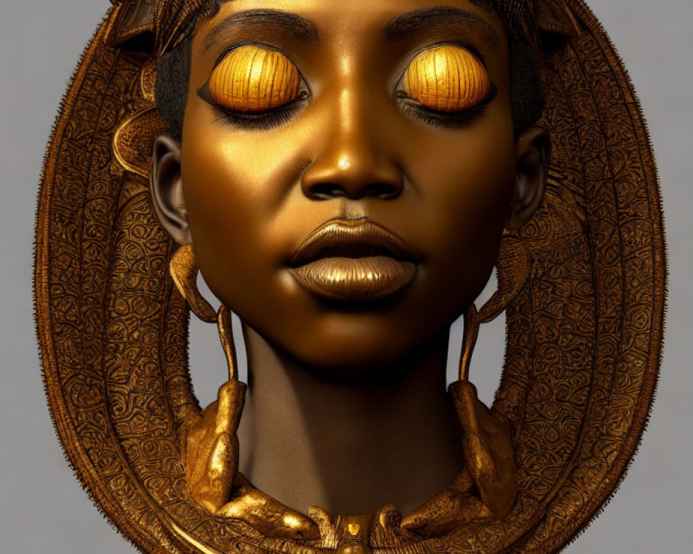 Golden portrait of woman with closed eyes and tribal jewelry against simple background