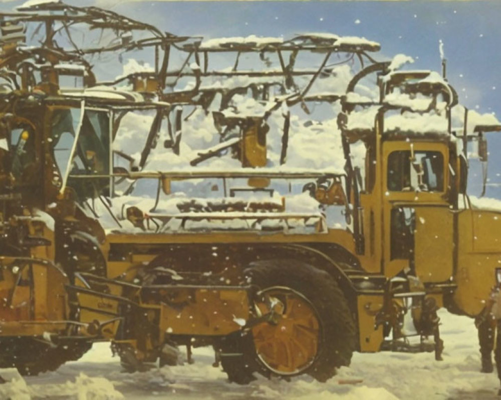 Vintage Snow-Covered Yellow Tram in Snowy Setting