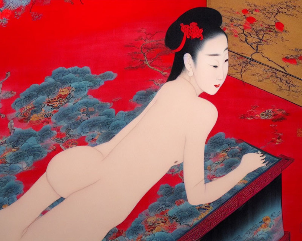 Traditional Asian-style nude woman painting on red backdrop with fluffy clouds, lying sideways.