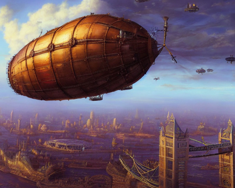 Steampunk cityscape with airships and Tower Bridge in London-inspired setting