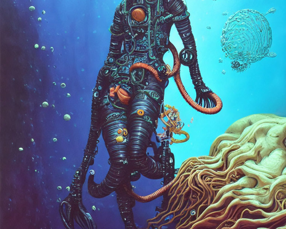 Detailed steampunk-inspired diver surrounded by marine life