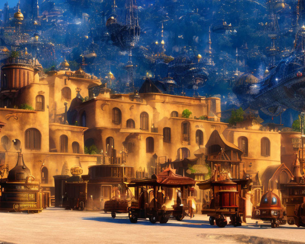 Majestic cityscape at dusk with ornate buildings and vintage vehicles