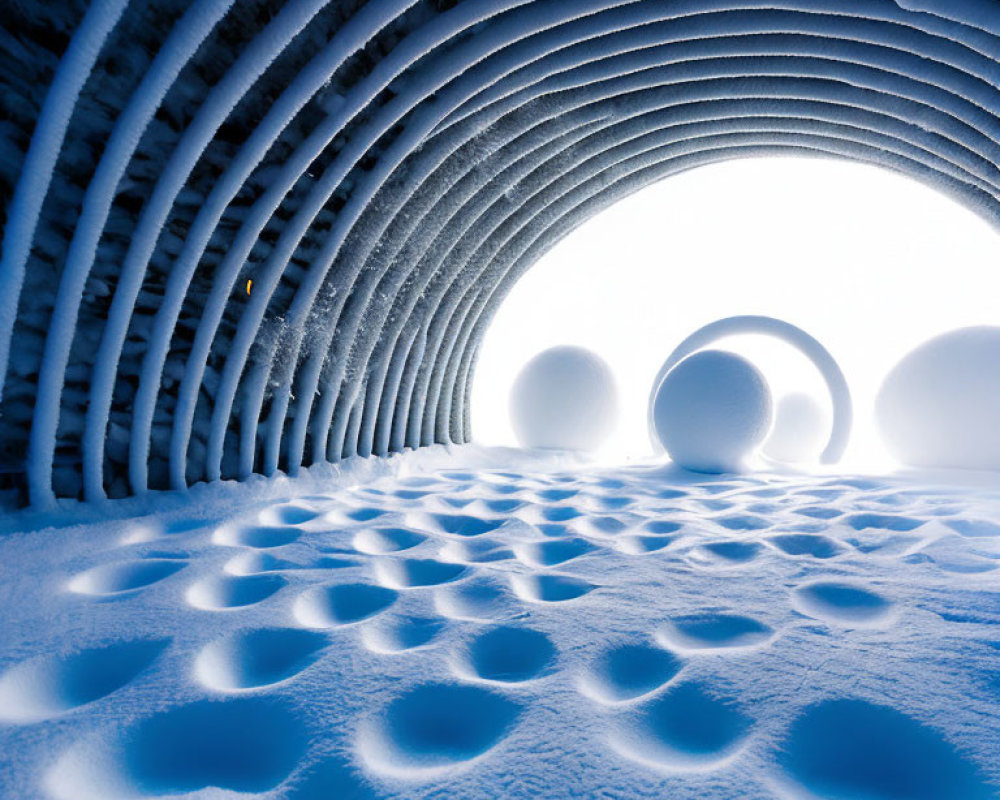 Surreal winter scene with spherical structures and icy arching corridor