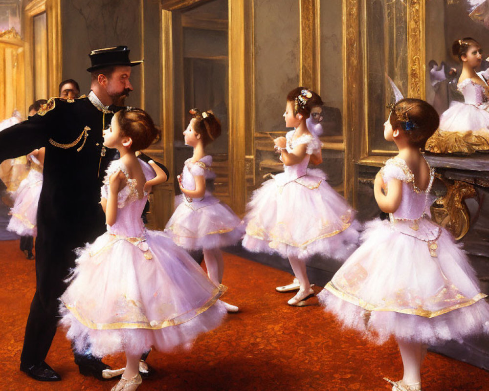 Young ballerinas guided by instructor in ornate mirrored dance studio.