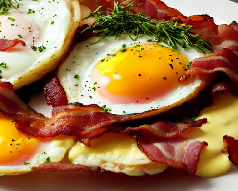 Vibrant sunny-side-up eggs on melted cheese with dill and bacon strips