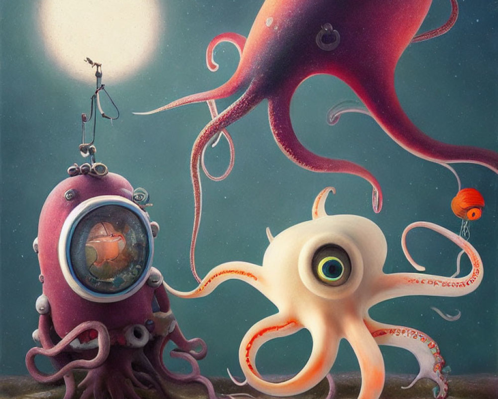 Surreal Artwork Featuring Octopus-like Creatures and Space Helmet Boat