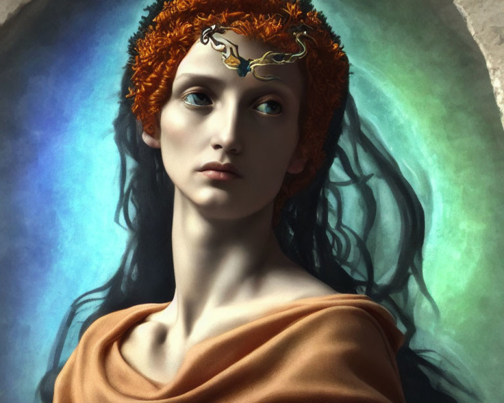 Portrait of a person with golden headpiece, red hair, blue eyes, and rust-colored garment