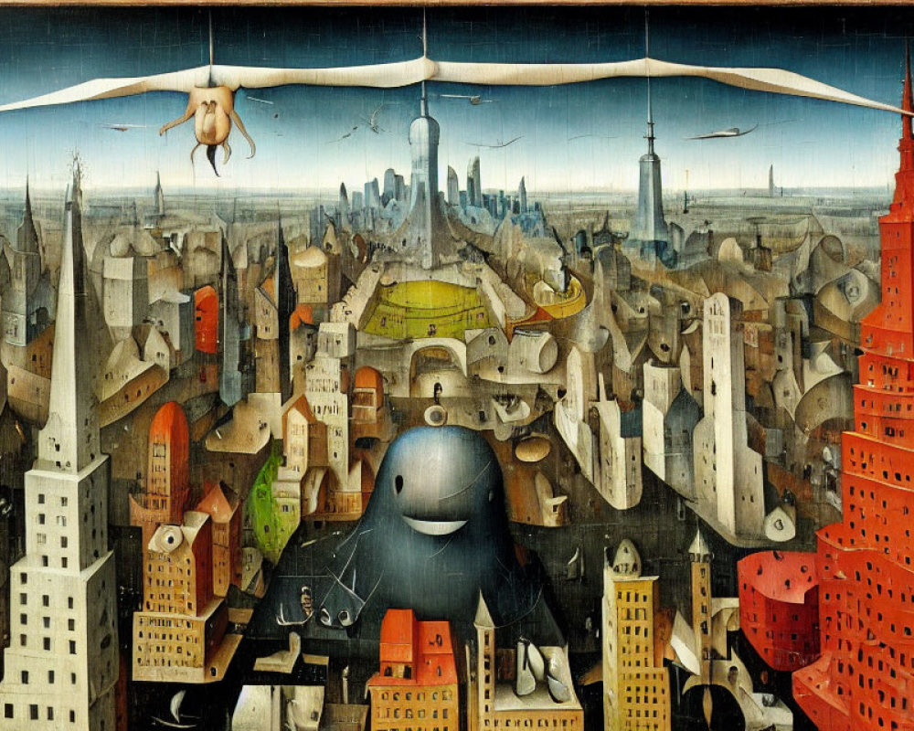 Eclectic surreal cityscape with giant creatures and golden dome