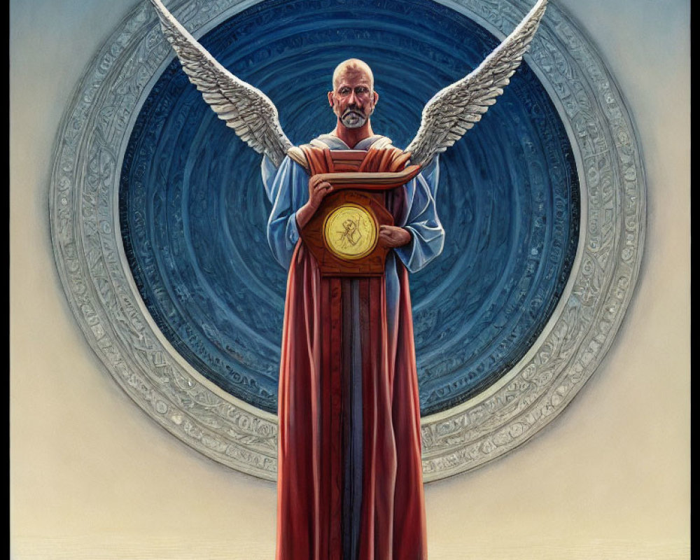 Bald Figure in Red Robe with Golden Disc on Blue Mandala