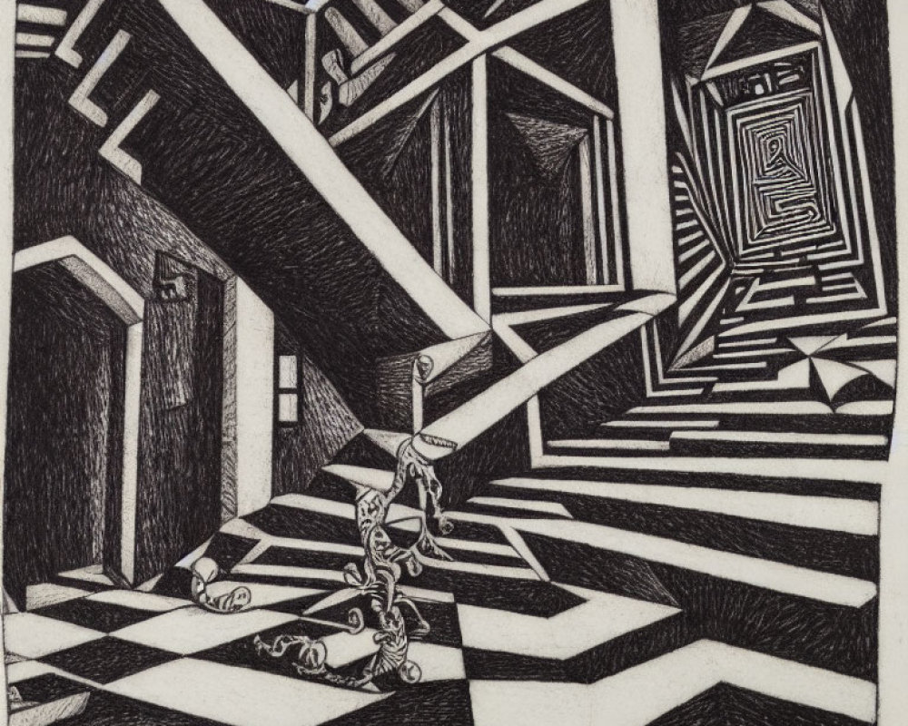 Detailed Black and White Surreal Architecture Drawing