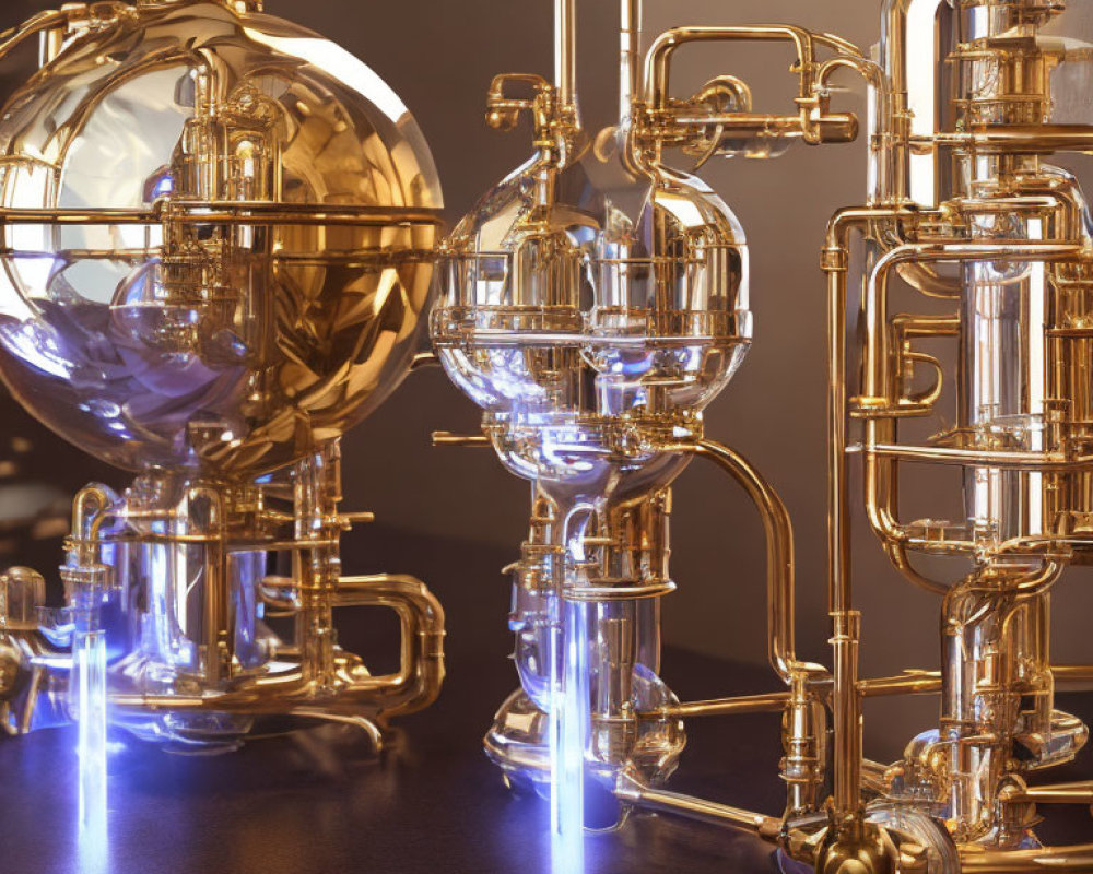 Golden apparatus with glass bulbs and blue glows on dark background