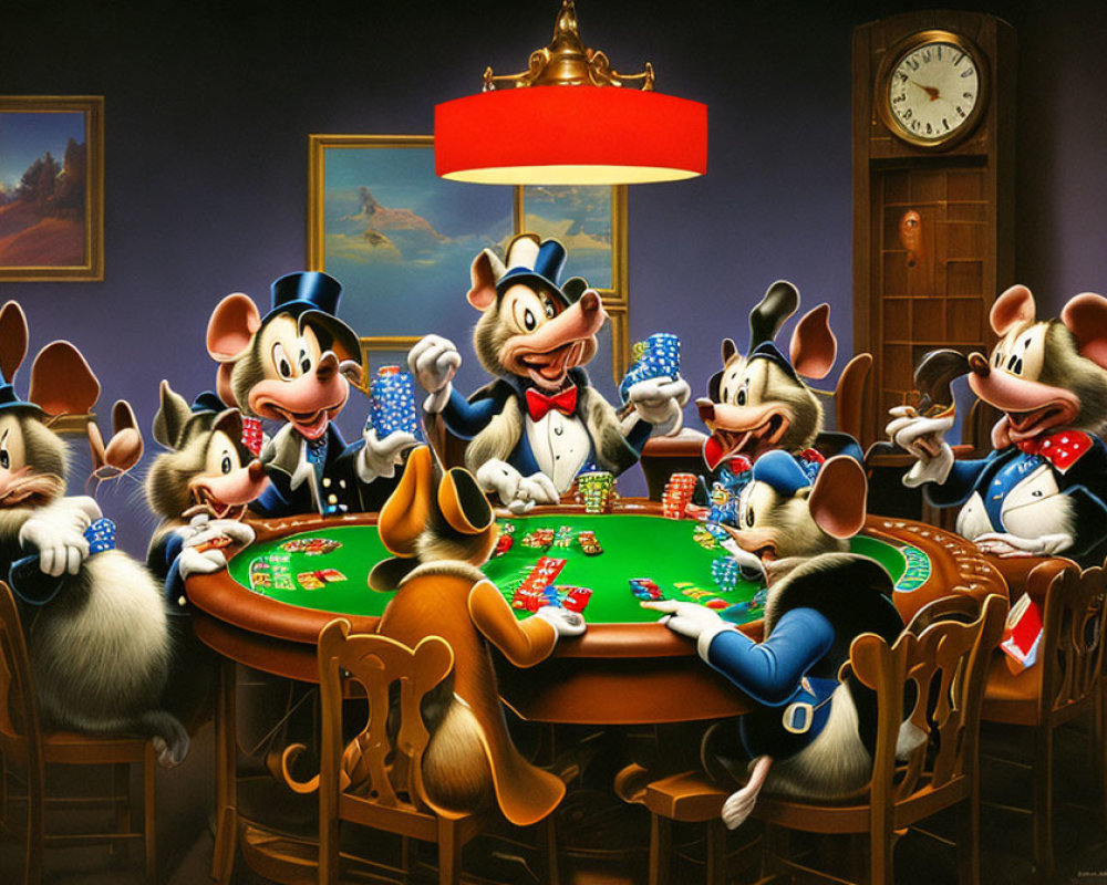 Anthropomorphic mice playing poker in a cozy room with a red lampshade, grandfather clock, and