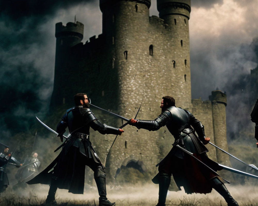 Medieval knights dueling swords in front of castle amidst battle scene