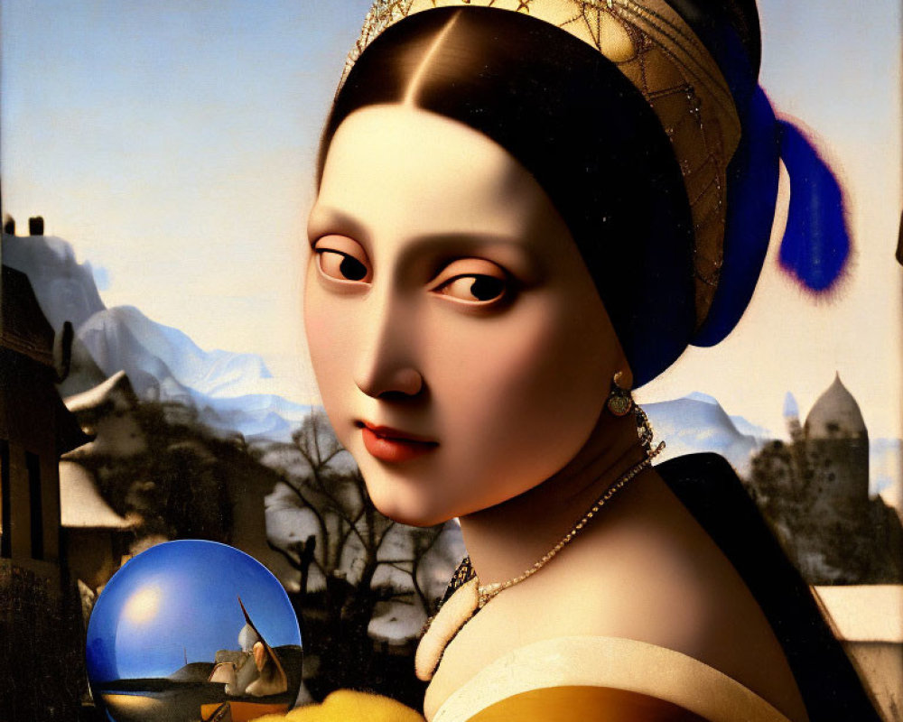 Surreal fusion of Mona Lisa with modern elements: large eyes, modern hair, shiny sphere.