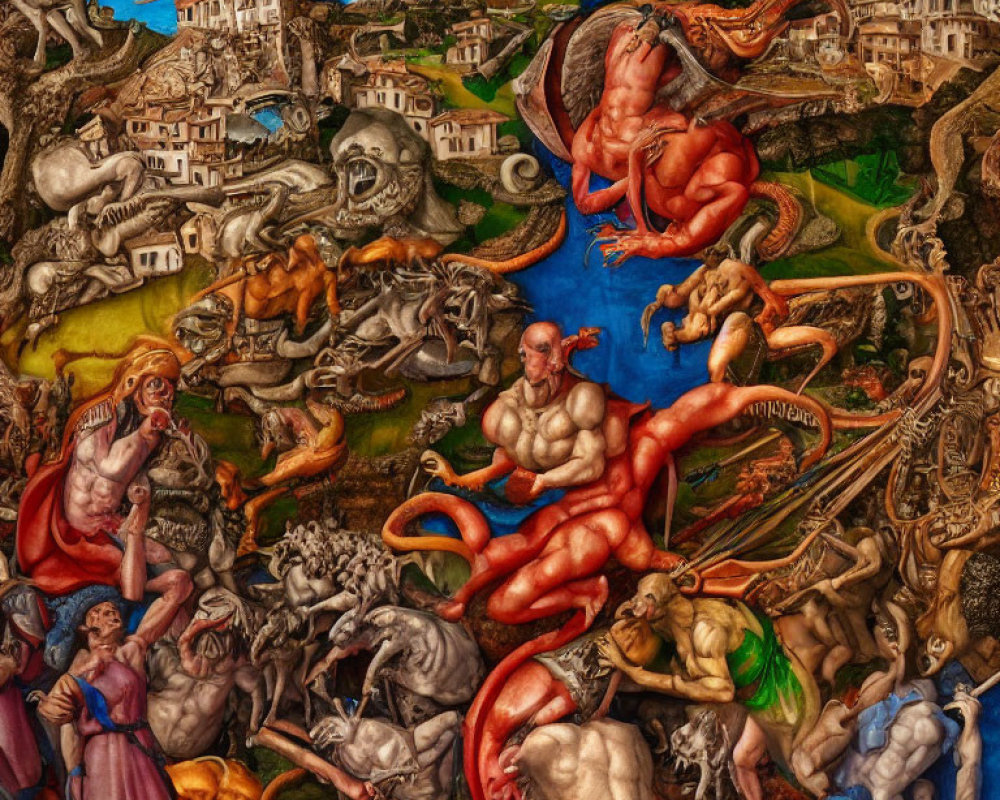 Detailed Mythological Painting with Muscular Figures and Chaotic Landscape