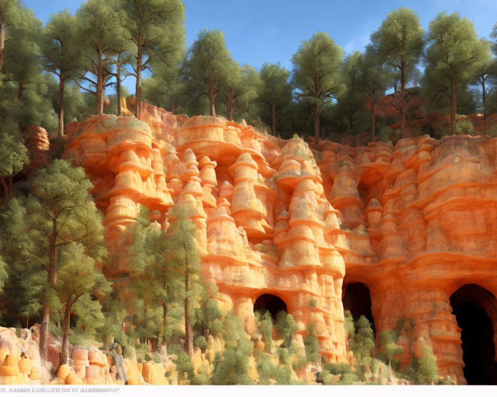 Orange-Red Hoodoo Rock Formations with Green Pines in Vibrant Landscape