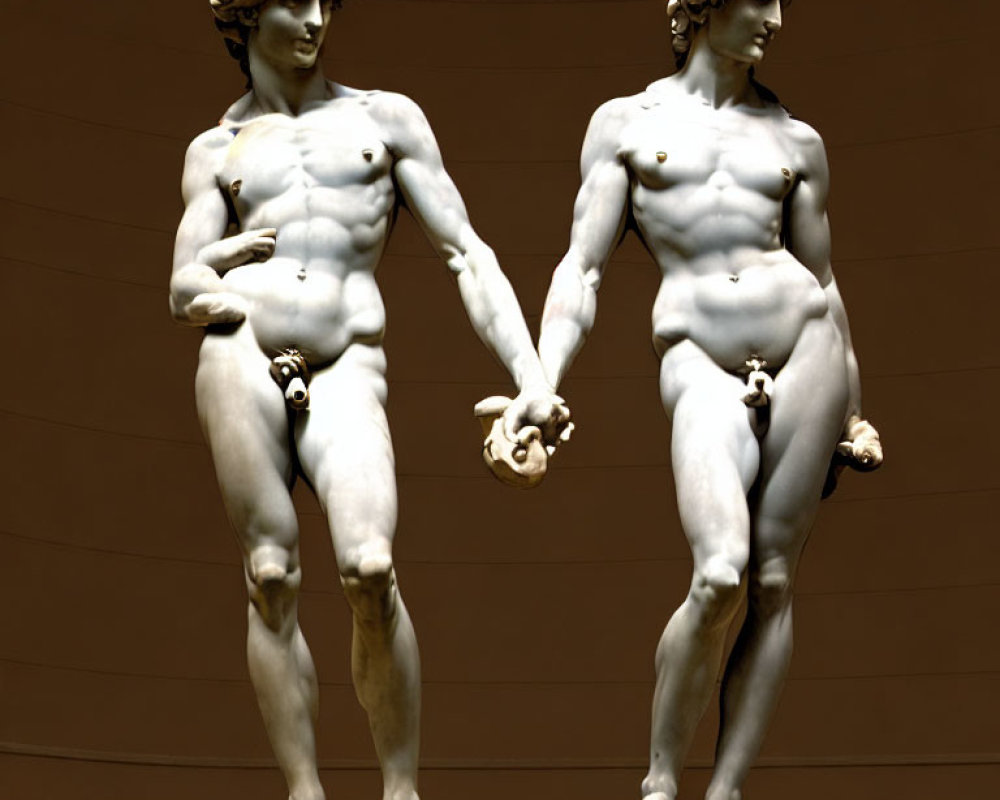 Identical male figure statues with laurel wreath, holding hands on beige background