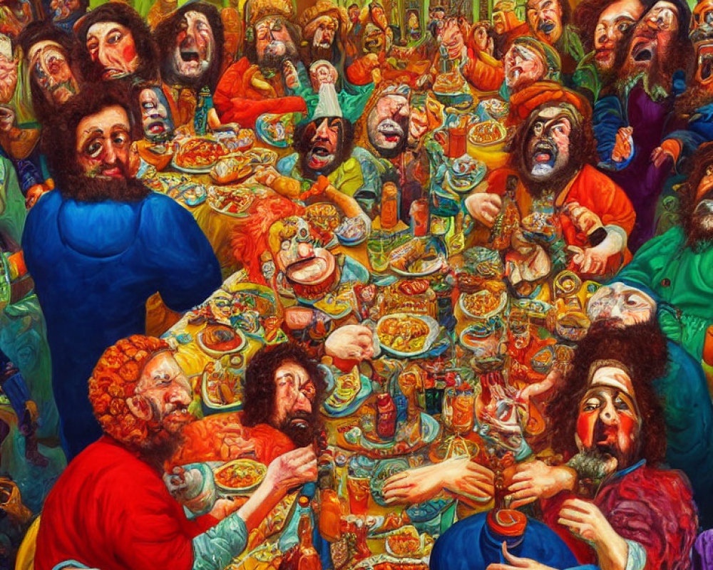 Colorful Feast Painting with Joyful Figures and Abundant Food