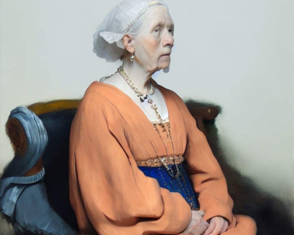 Elderly Woman Portrait in Historical Dress on Wooden Chair