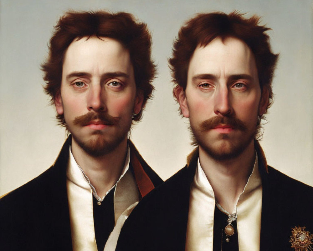 Hyperrealistic Painting: Man with Two Heads in Black Jackets, White Shirts, and Medals