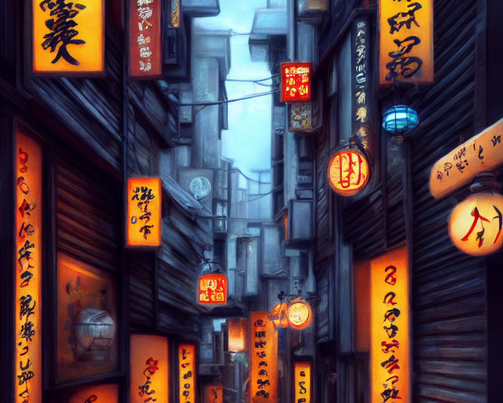 Japanese alley with traditional buildings and lanterns at night