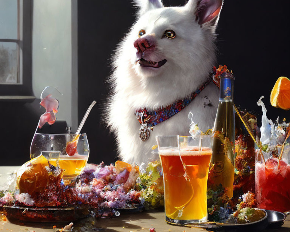 Dog's head on human body at messy table with spilled drinks and scattered food