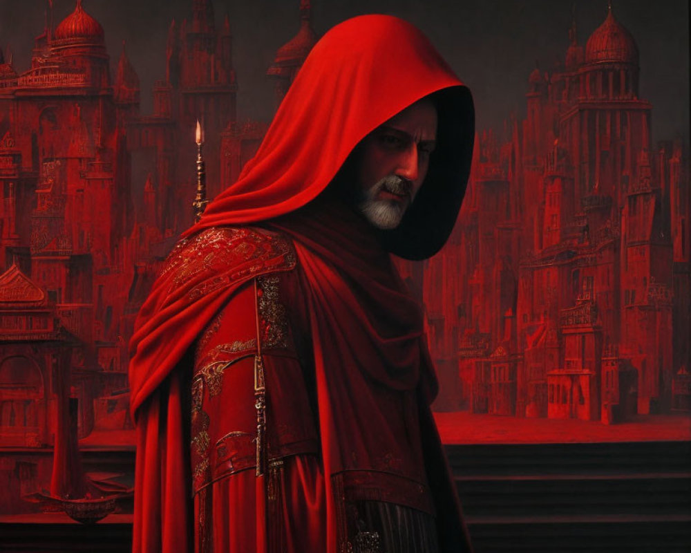 Man in Red Cloak Stands by Candle in Gothic Cityscape