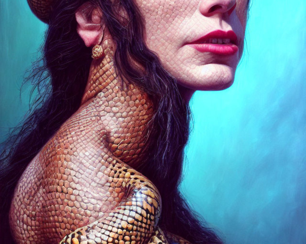 Dark-haired woman with red lipstick and snake on blue background