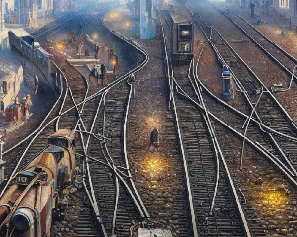 Vintage trains, tram, and pedestrians in illuminated railway yard at dusk