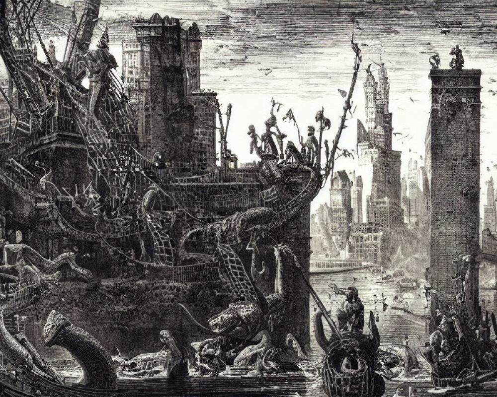 Monochromatic illustration of giant serpents attacking a city with people in panic.